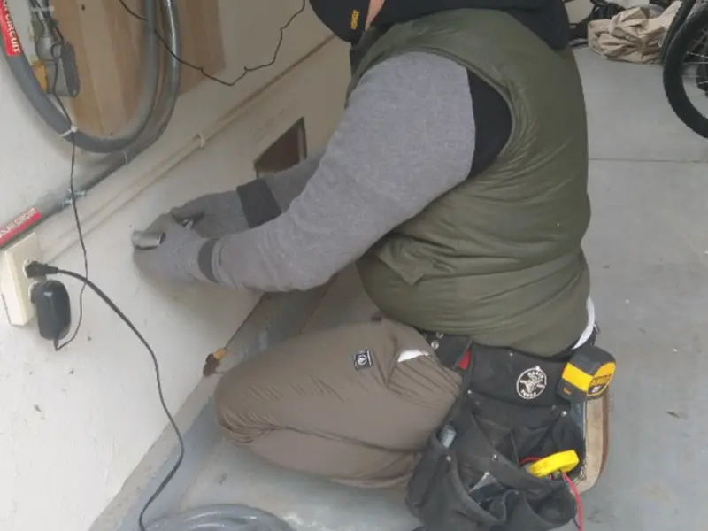 Electrician performing outlet wiring in a Forney garage